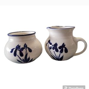 Artisan Cream & Sugar Set Popular Blue & White Signed on Bottom